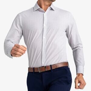 Mens Mizzen and Main Leeward Dress Shirt White Navy Mini Grid Size L EUC!